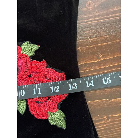 VTG Black Velvet Bodycon Dress S Rose Appliqué Goth Dark Romantic Vampire Wife - Picture 14 of 16